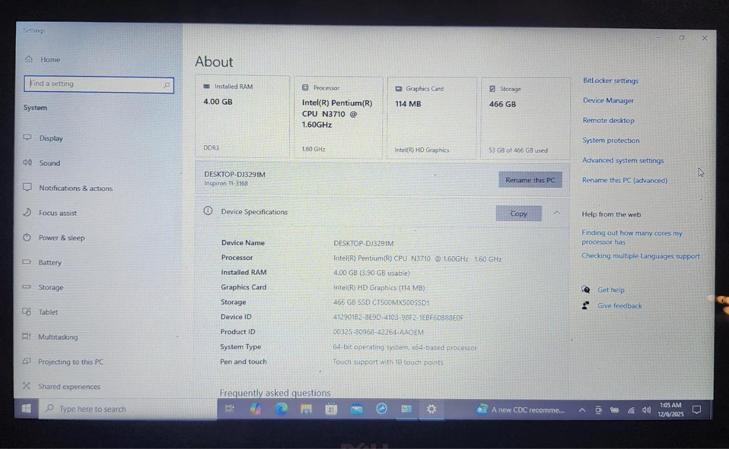 Dell Inspiron P25T Laptop Pentium N3710 1.60 Ghz Cpu, 500 GB SSD - photo 5