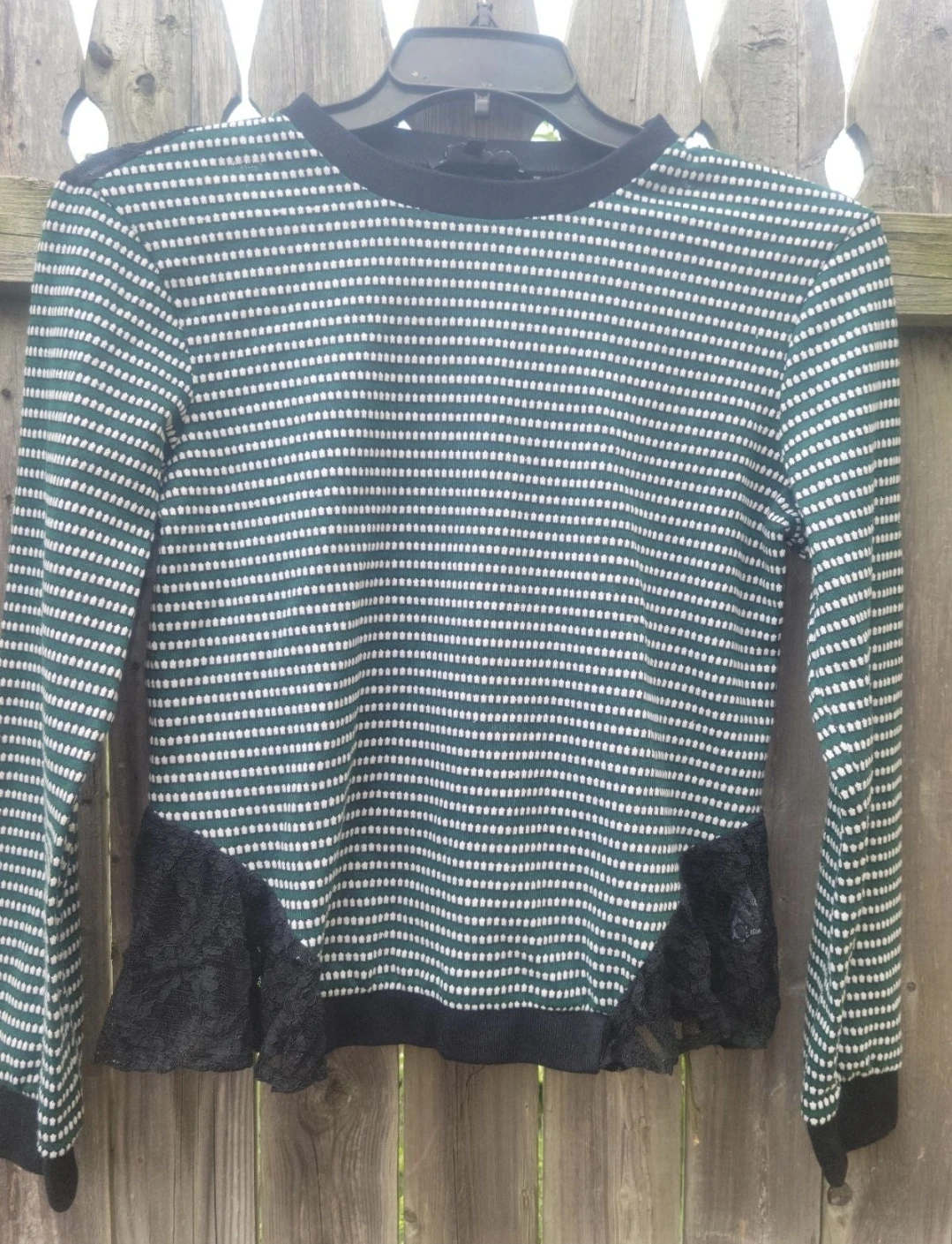 Lace Trim Green & White Striped Top