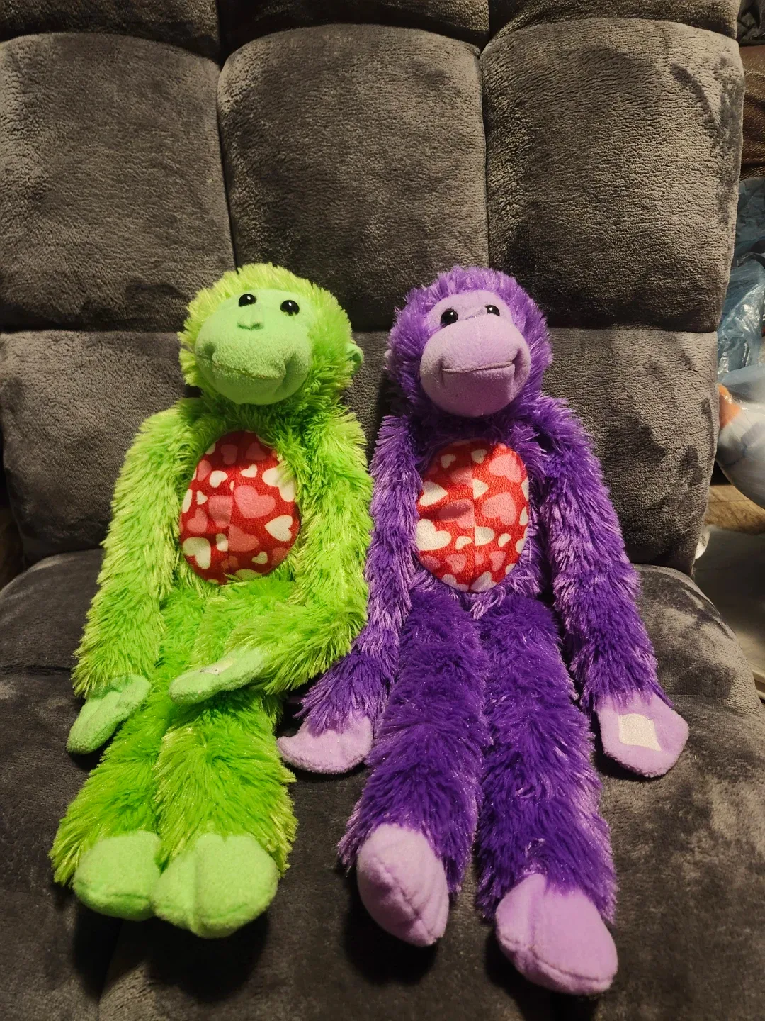 Two Plush Monkeys - Green & Purple