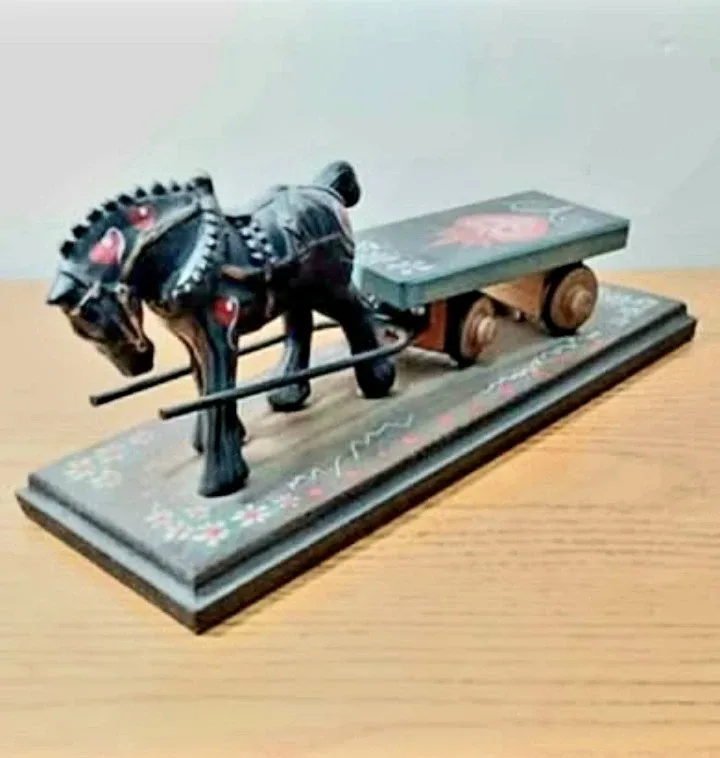Unique Signed Artist Hand Crafted Wooden Horse Cart Sculpture