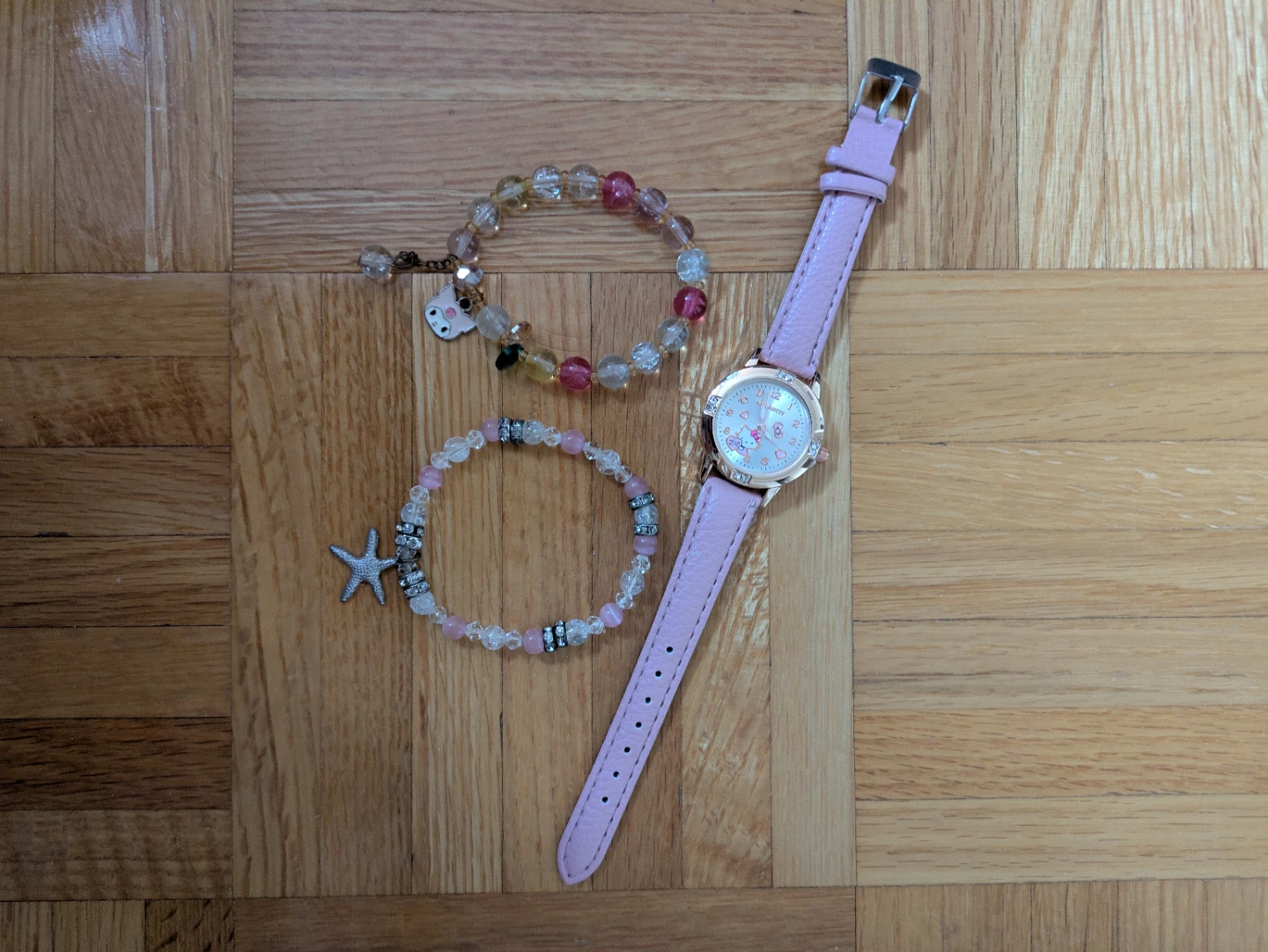 Pink Hello Kitty Leather Strap Watch and Beaded Bracelet Set