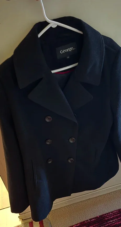 Black pea coat size large and red plaid scraf