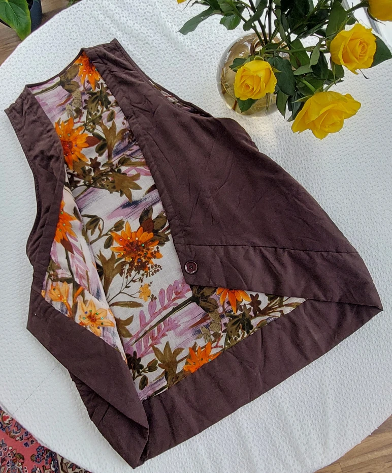 Handmade Brown Floral Lined Vest - New