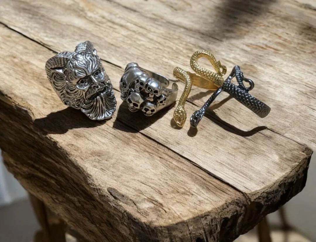 #cleanout Vintage Rings Bundle Faun/Goat Head, Skulls, Snakes image indicator(6)