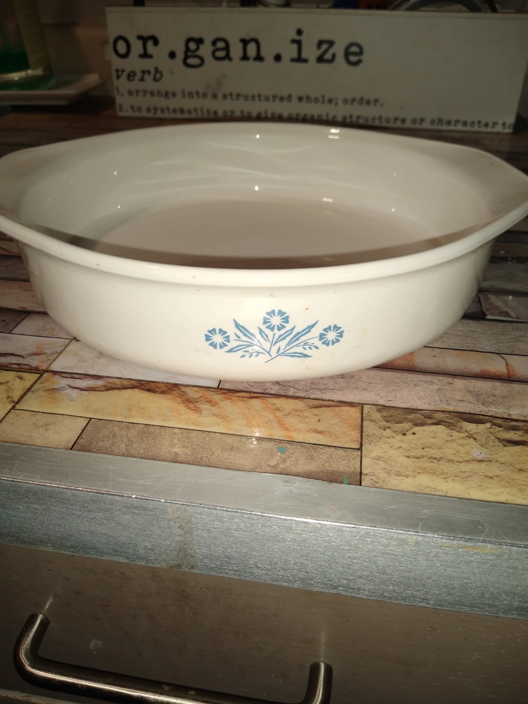 Medium blue corn flour pattern CorningWare dish