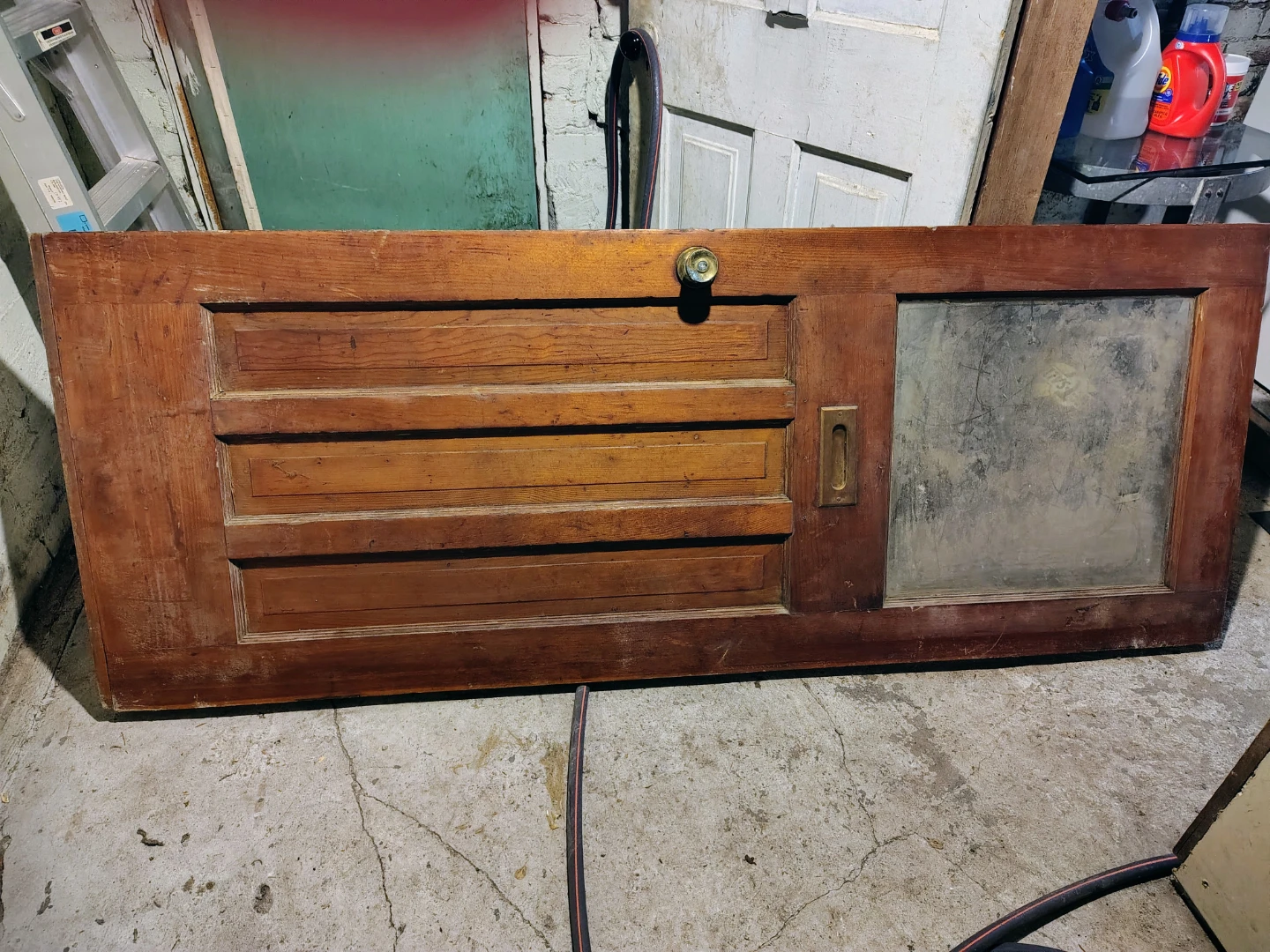 Mid Century Solid Oak Front Door w Brass Hardware & Mail Slot