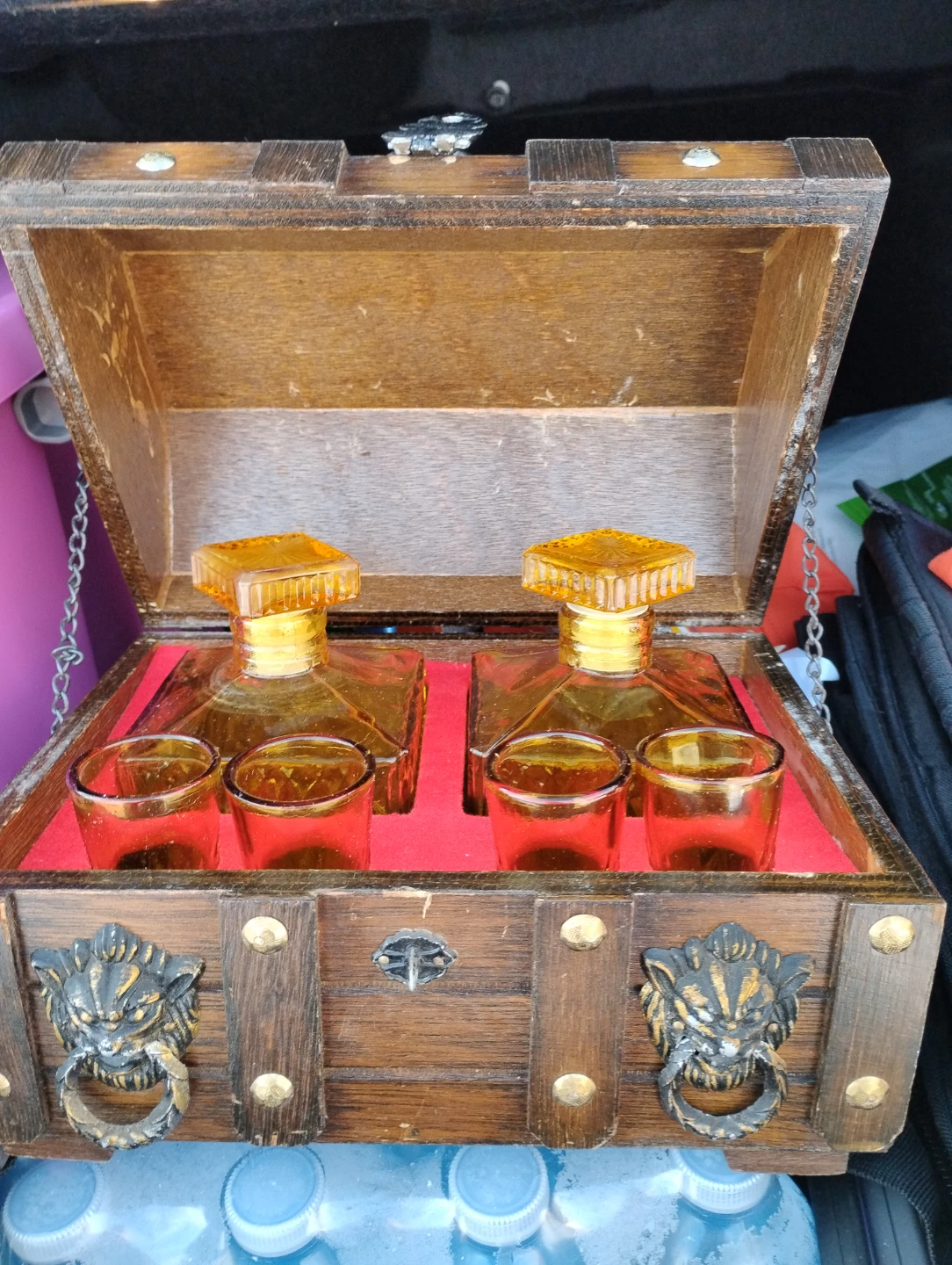 Vintage Liquor Decanter Set in Wooden Chest