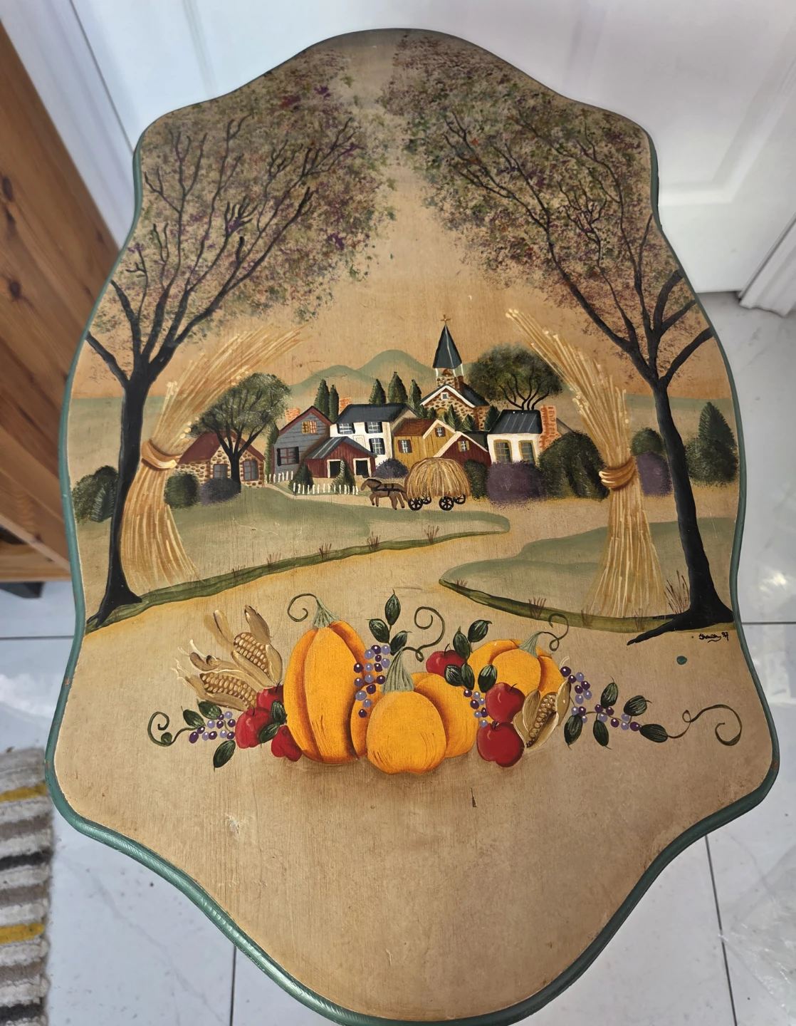 Hand-Painted Accent Table with Fall Scene