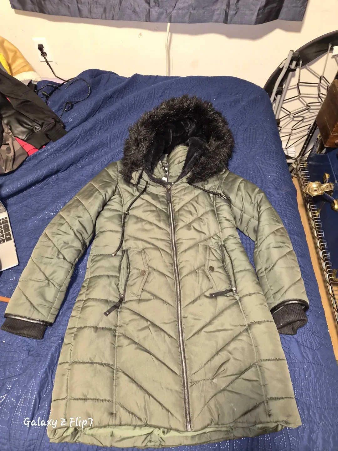 Olive Green Puffer Coat with Faux Fur Hood