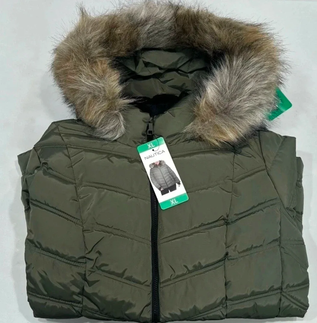 Nautica Insulated Wind Resistant Faux Fur Trim Jacket Puffer XL image indicator(2)