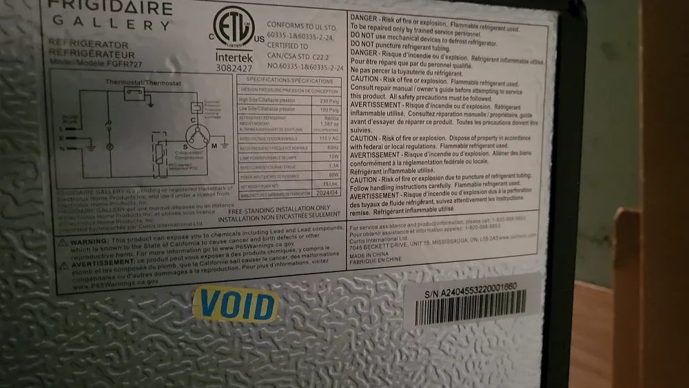 Frigidaire Gallery Refrigerator Model FGFR727 image indicator(5)