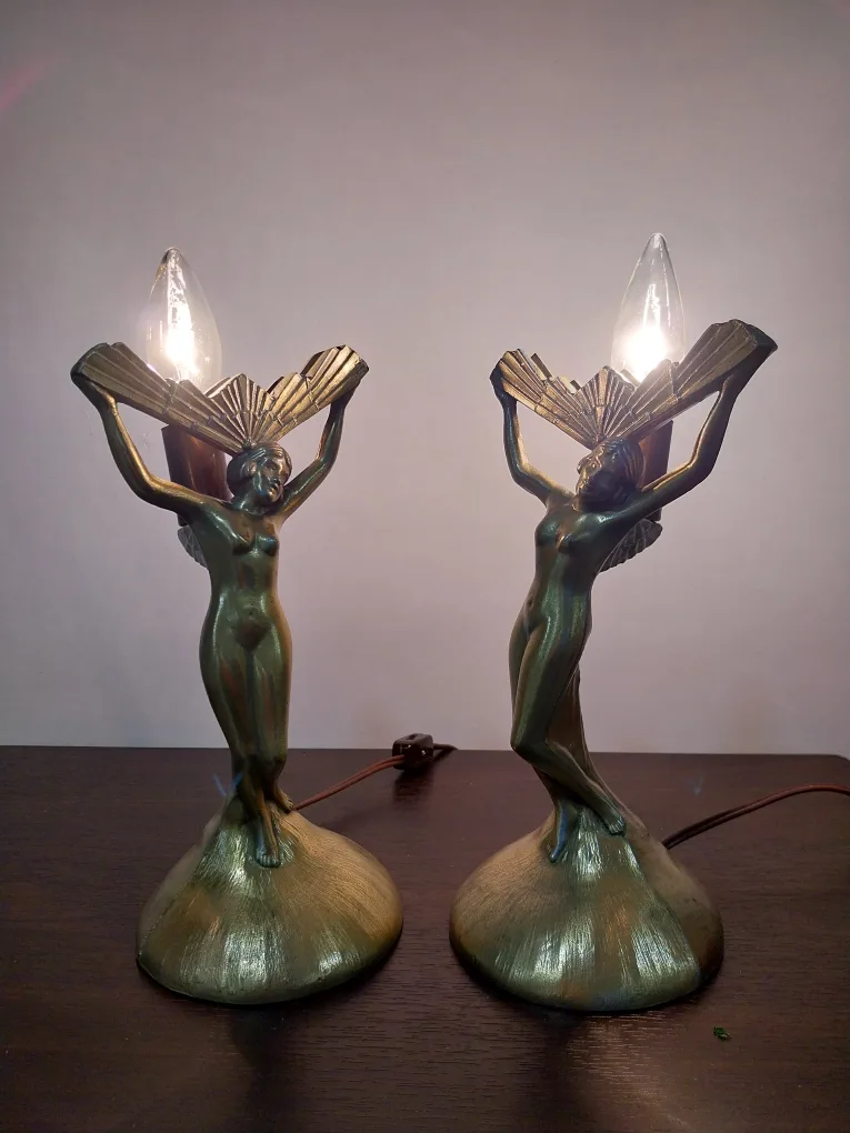 Art Deco Lady Sculpture Victory Metal Table Lamp Pair