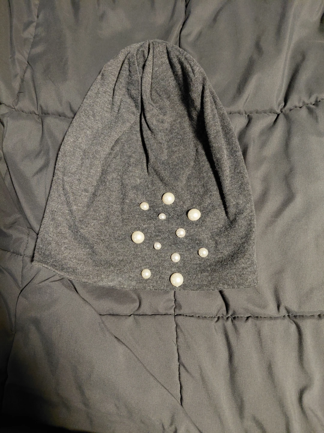 Gray Beanie with Pearl Embellishments
