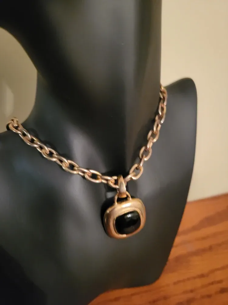 Gold Tone Chain Necklace with Black Pendant