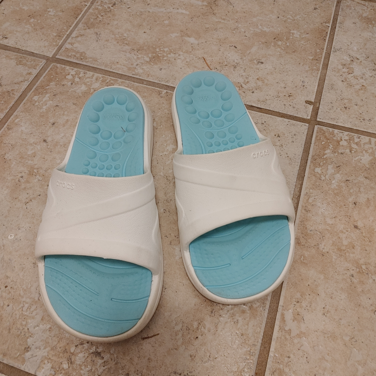 Crocs White & Blue Slides size 9
