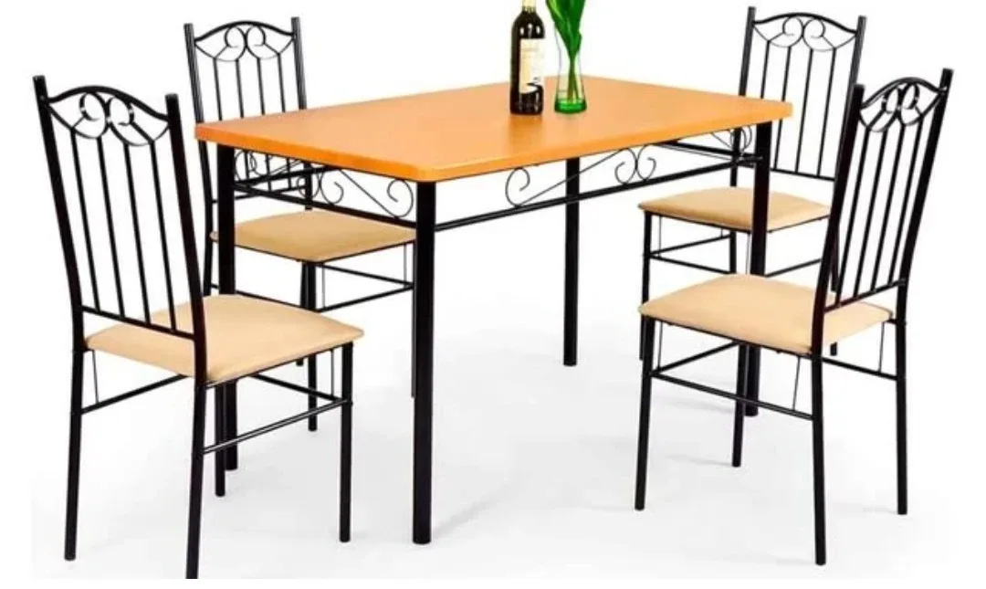 Dining Table Set with 4 Chairs - Black Metal Frame