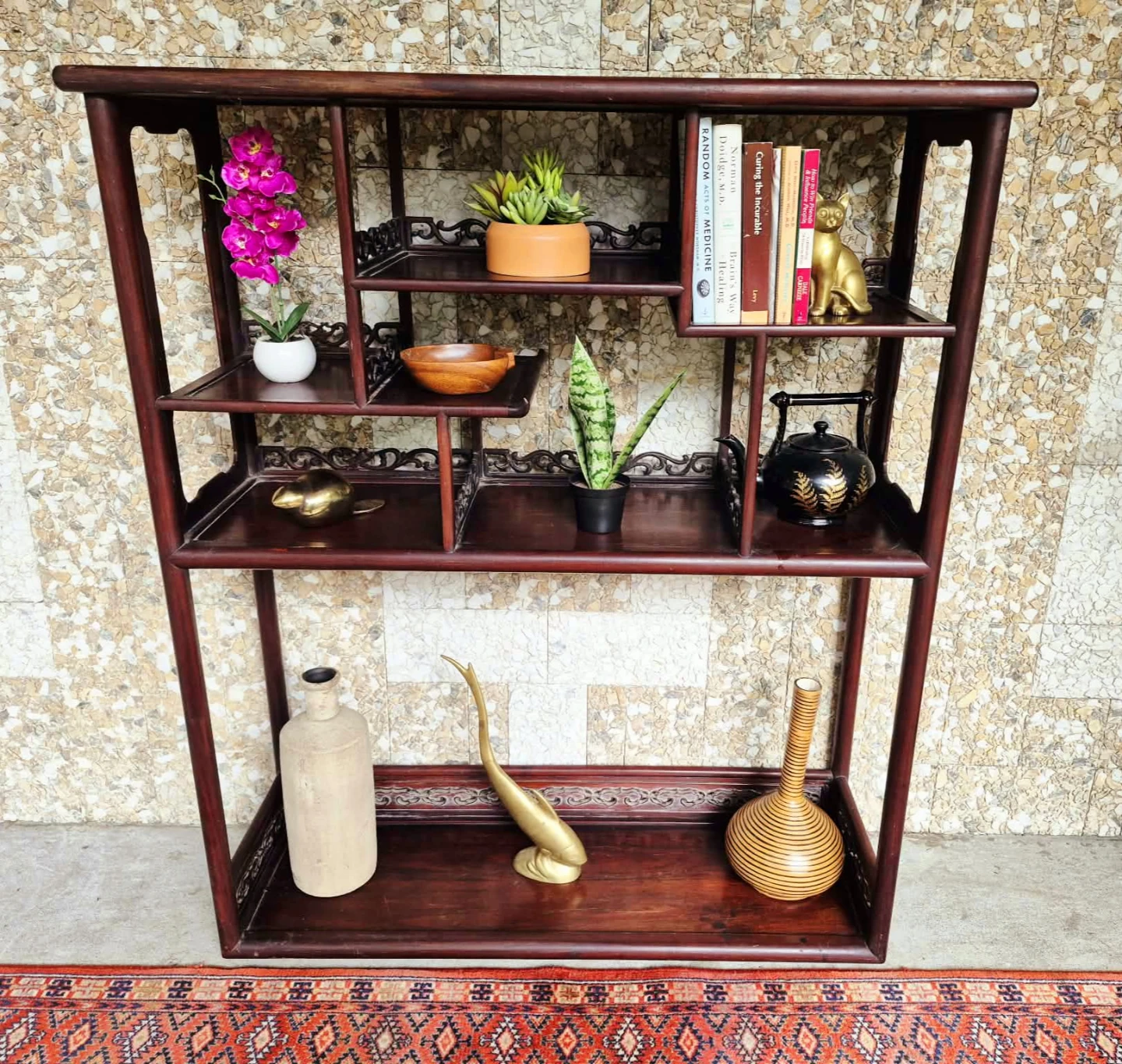 Vintage Staggered Etagere Solid Elm Wall Unit Bookshelf - photo 4