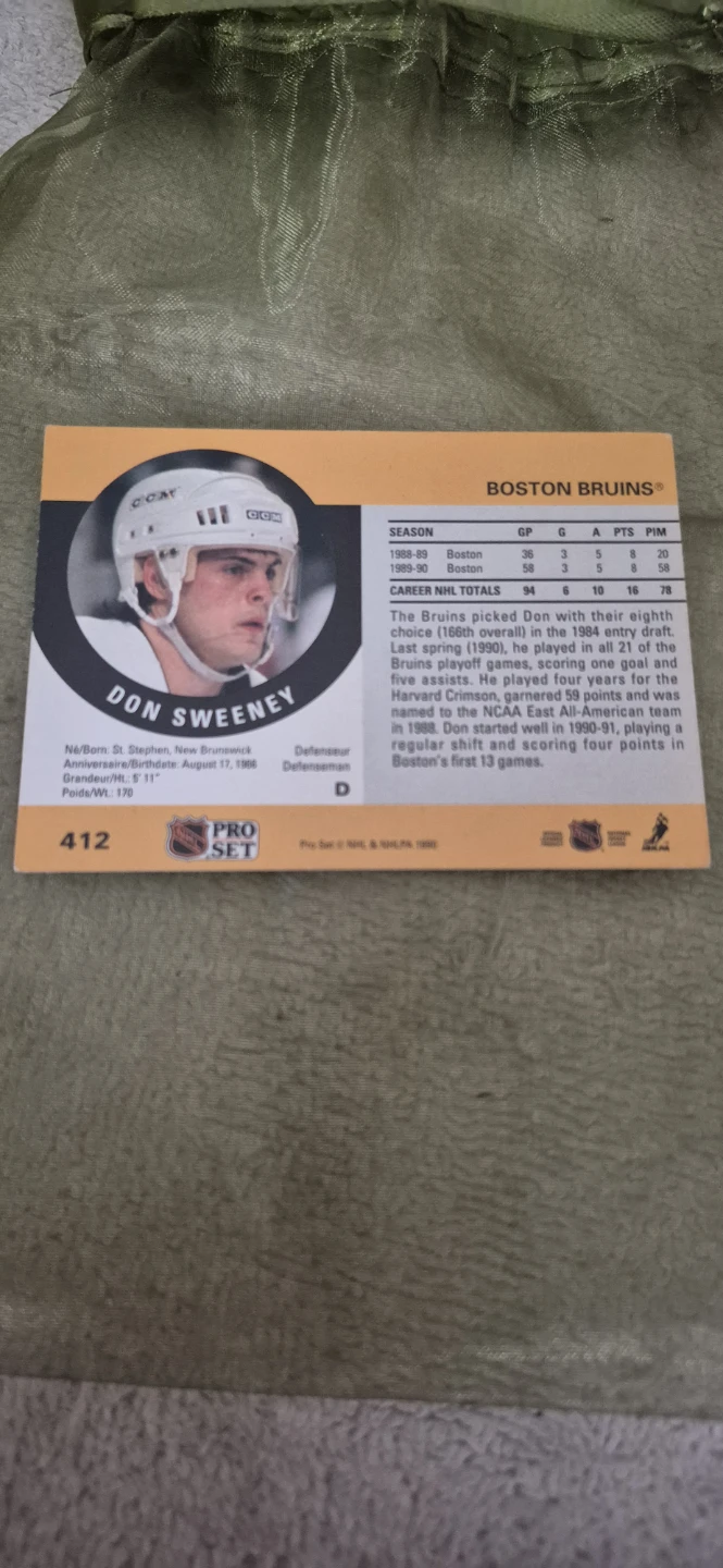 Don Sweeney Boston Bruins Pro Set Card - photo 2