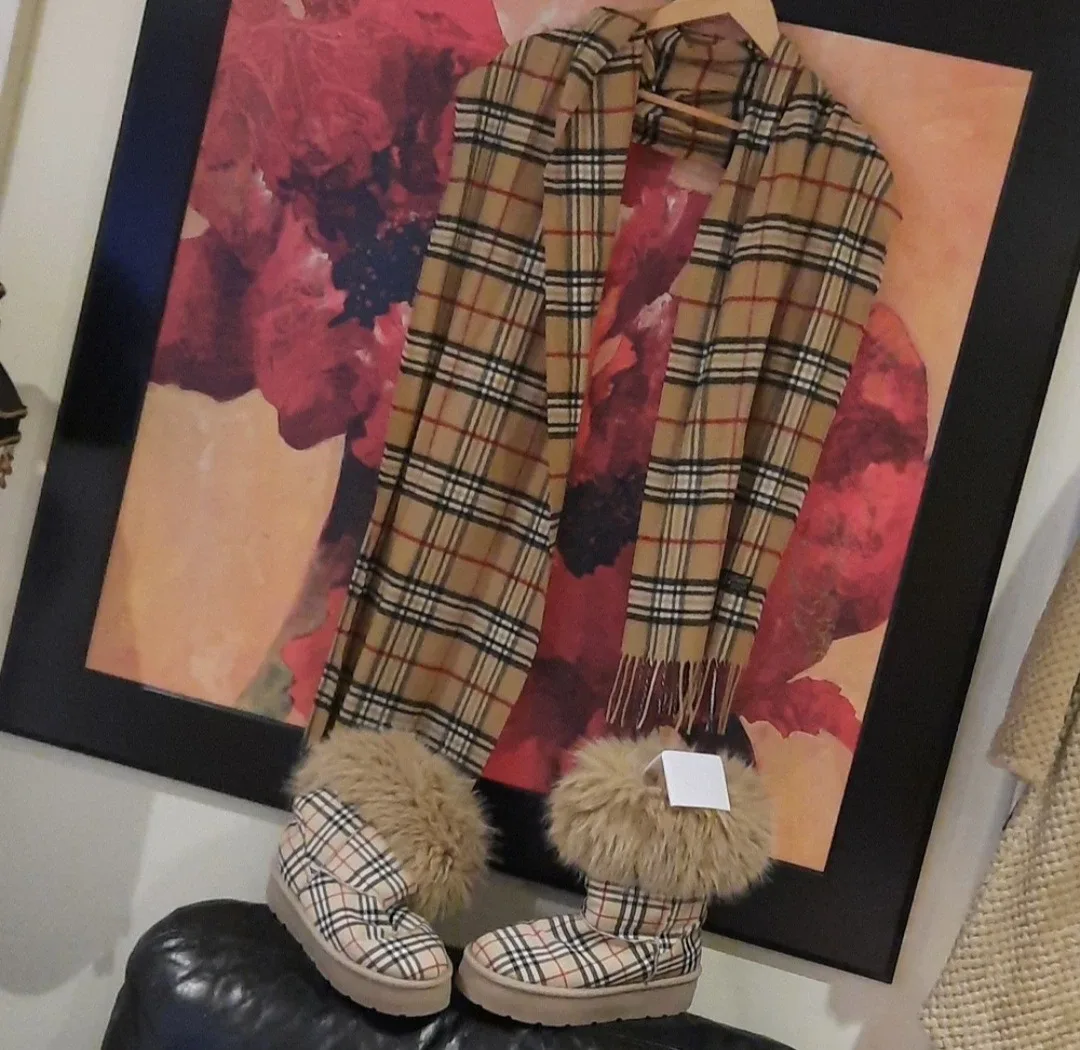 Designer inspired Plaid Fur Trim Boots & Scarf 8.5