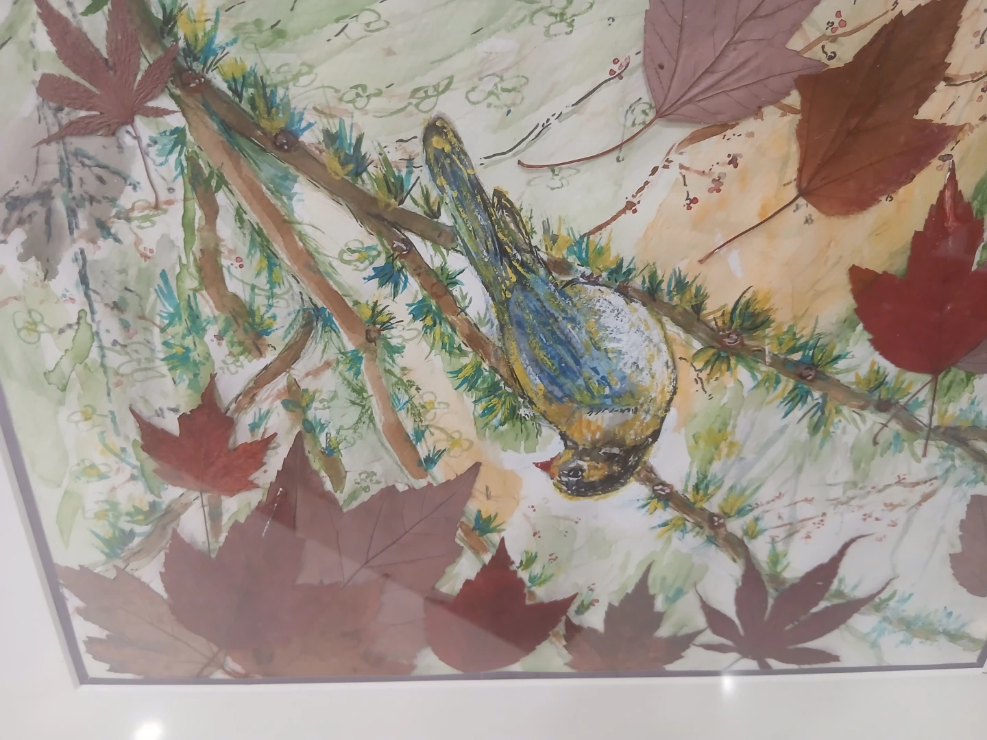 Framed Bird & Maple Leaf Watercolour Painting - photo 2