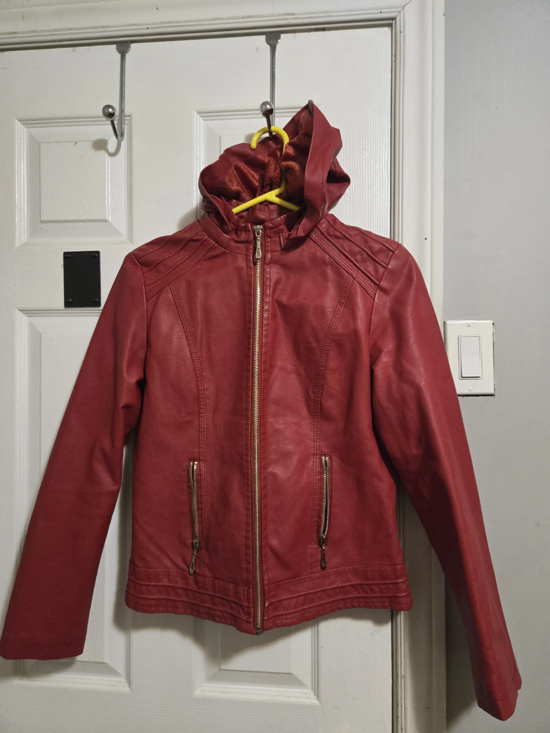 Red Faux Leather Jacket with Hood