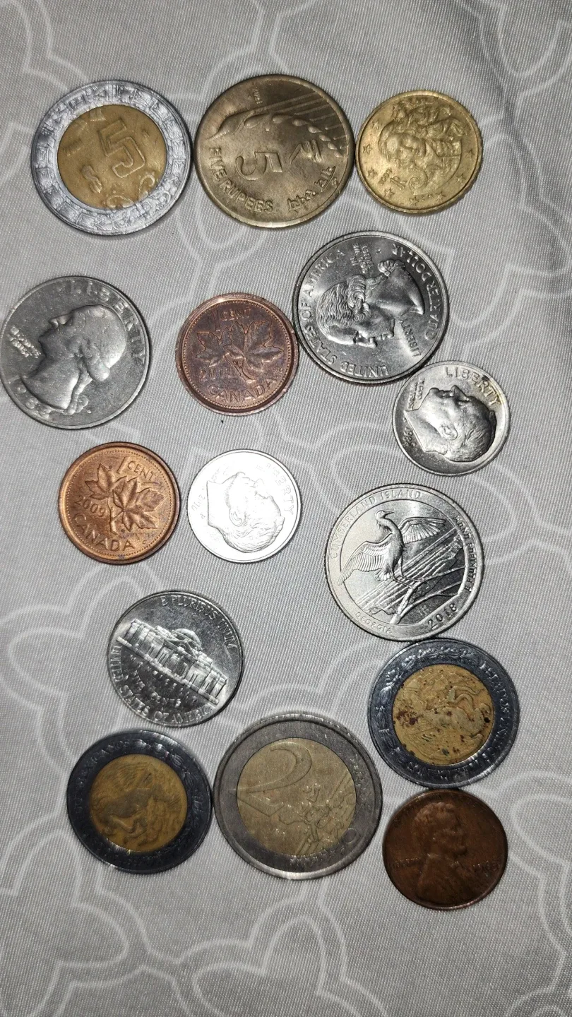 Mixed Coins - Canadian, US, Euro, Rupee