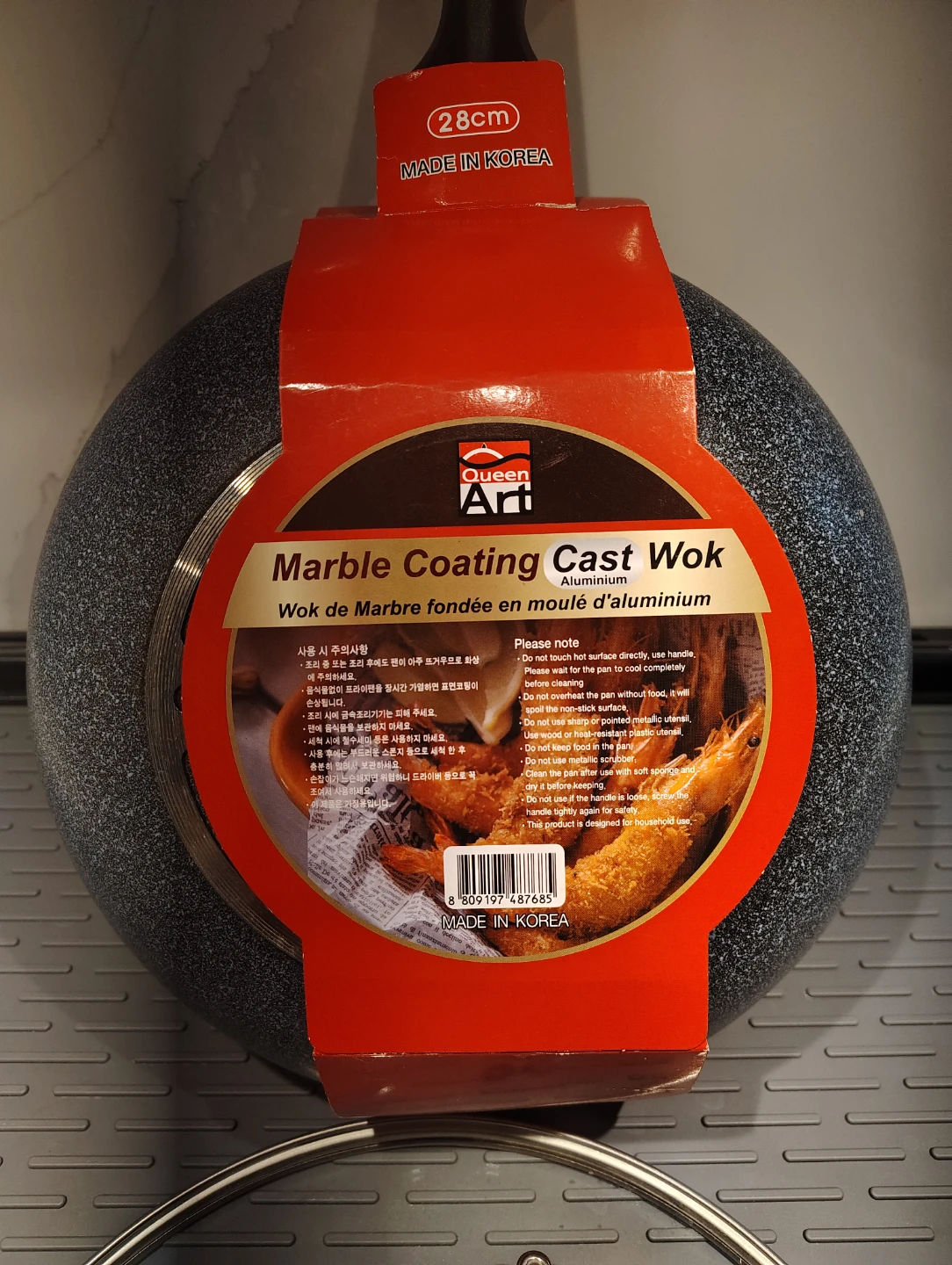 RARELY USED 28cm Marble Coating Cast Aluminum Wok w Lid Korea - photo 4