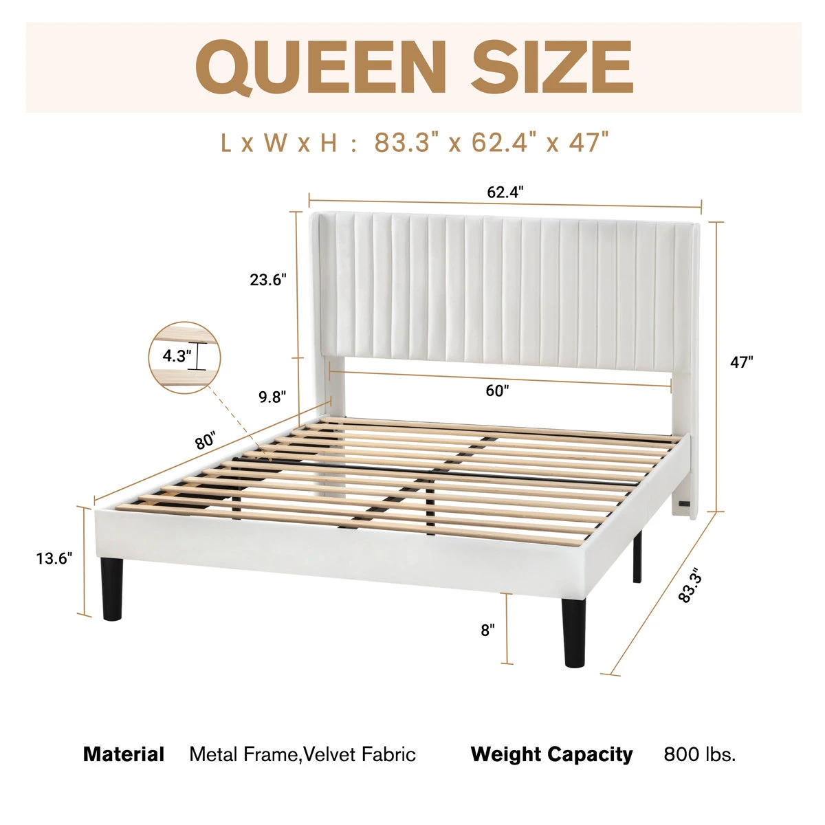 Queen Size White Velvet Bed Frame - photo 4