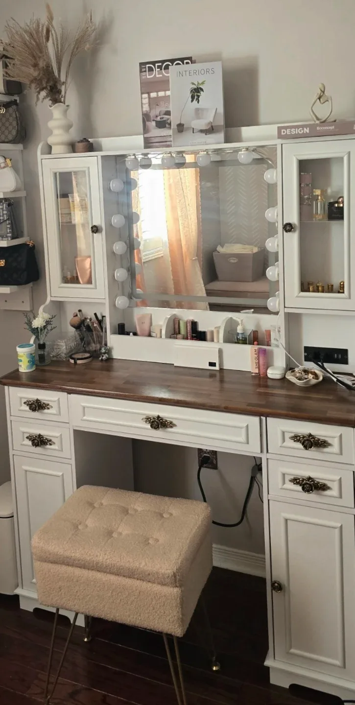 Vanity Table with Lighted Mirror and Stool