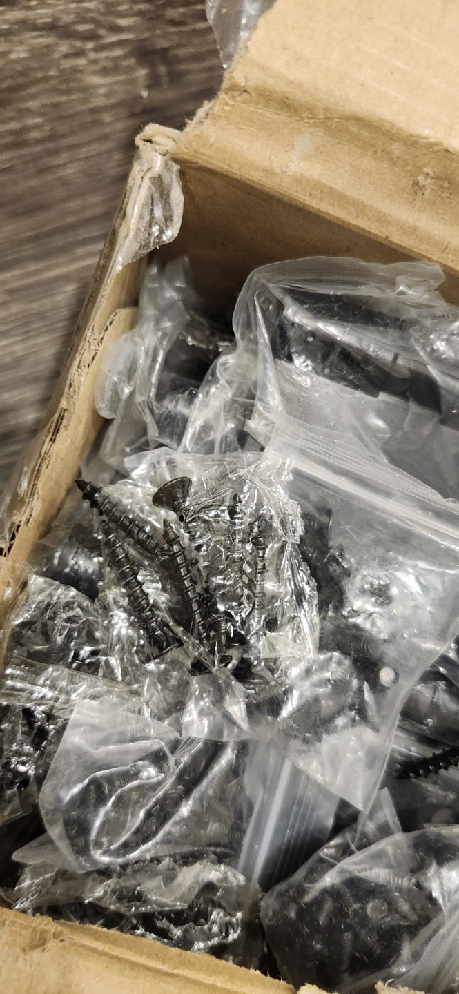 Box of Black Screws and Hinges