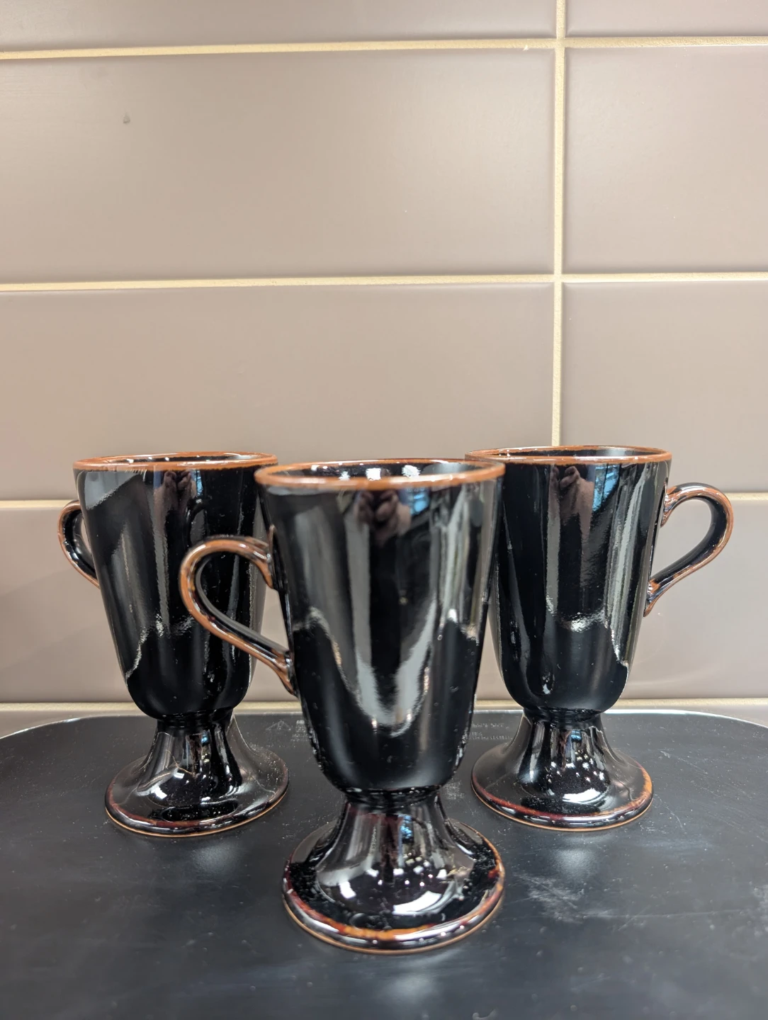 Vintage Black Glass Footed Mugs - Set of 3