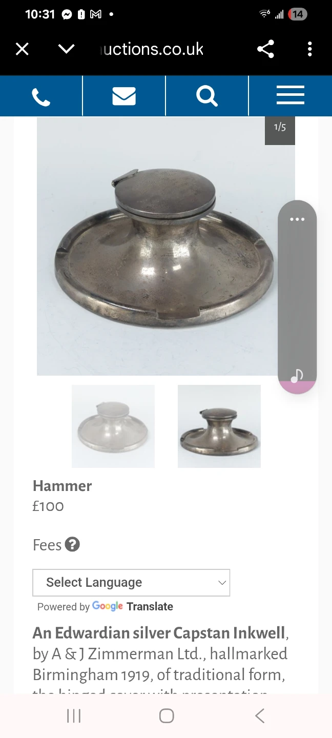 Edwardian Silver Capstan Inkwell