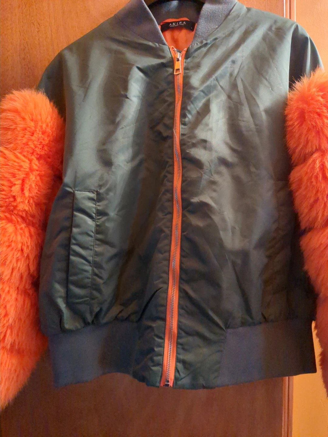 AKIRA Statement Bomber with Chunky Orange Fur Sleeves