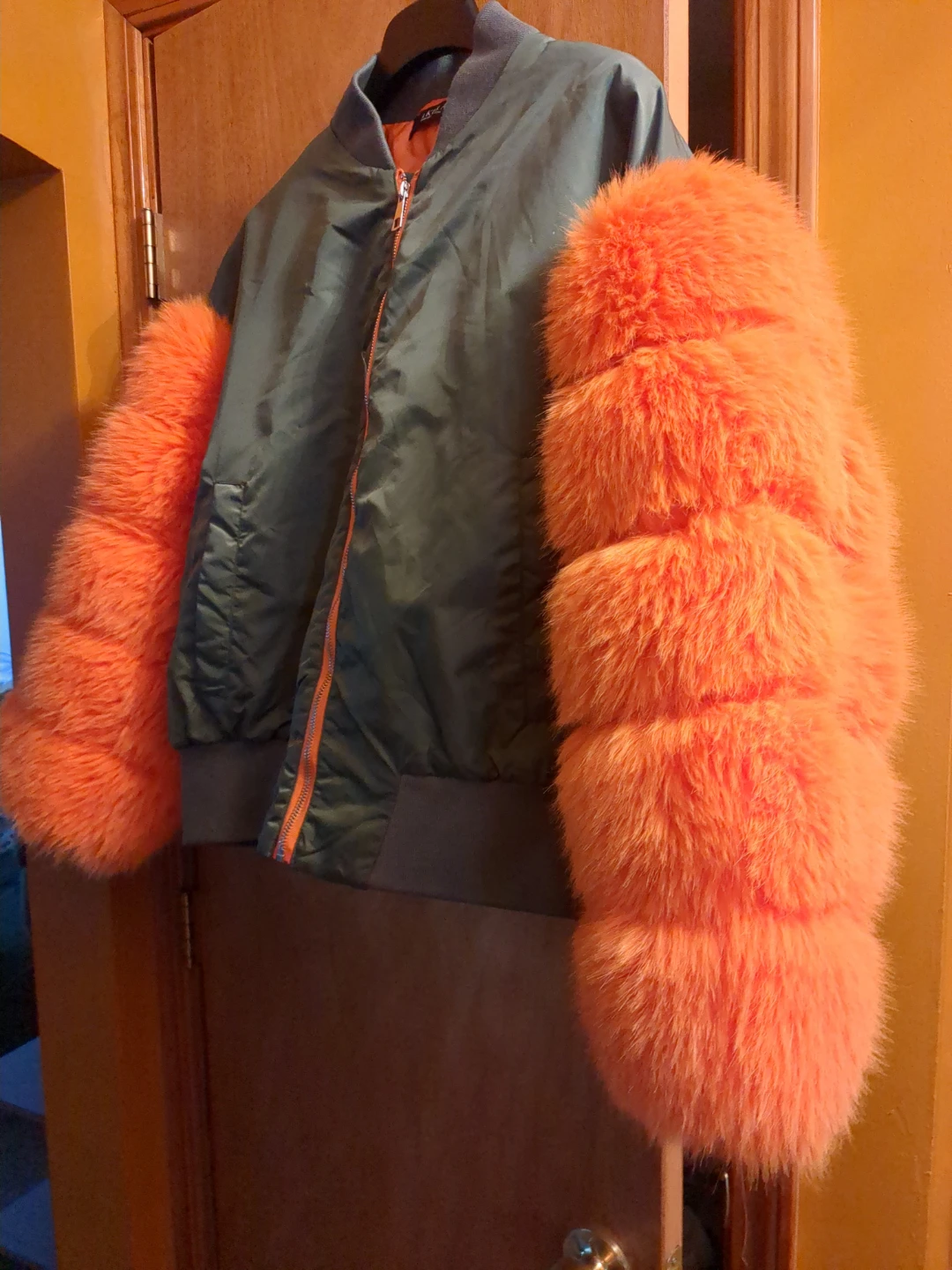 AKIRA Statement Bomber with Chunky Orange Fur Sleeves - photo 2