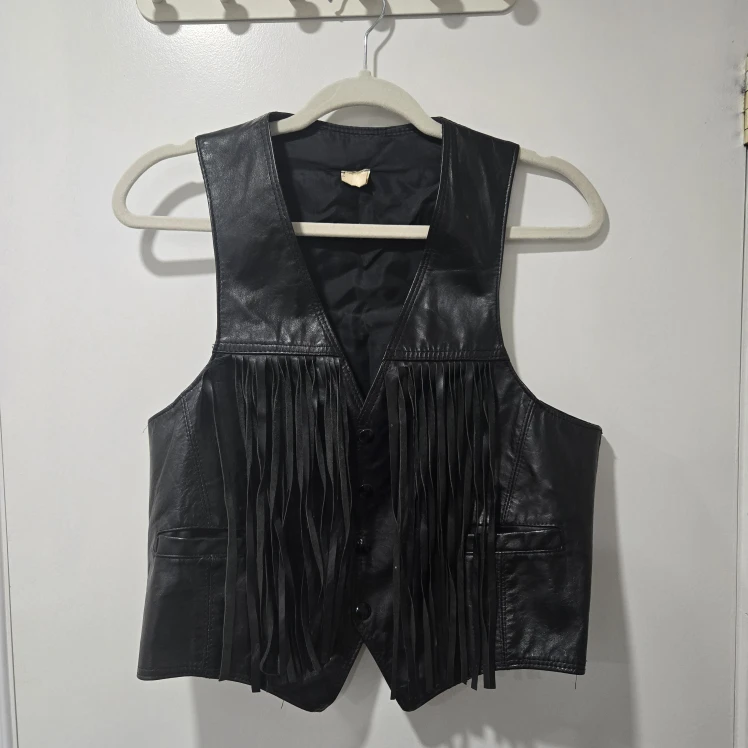 Vintage Black Vegan Leather Fringe Vest