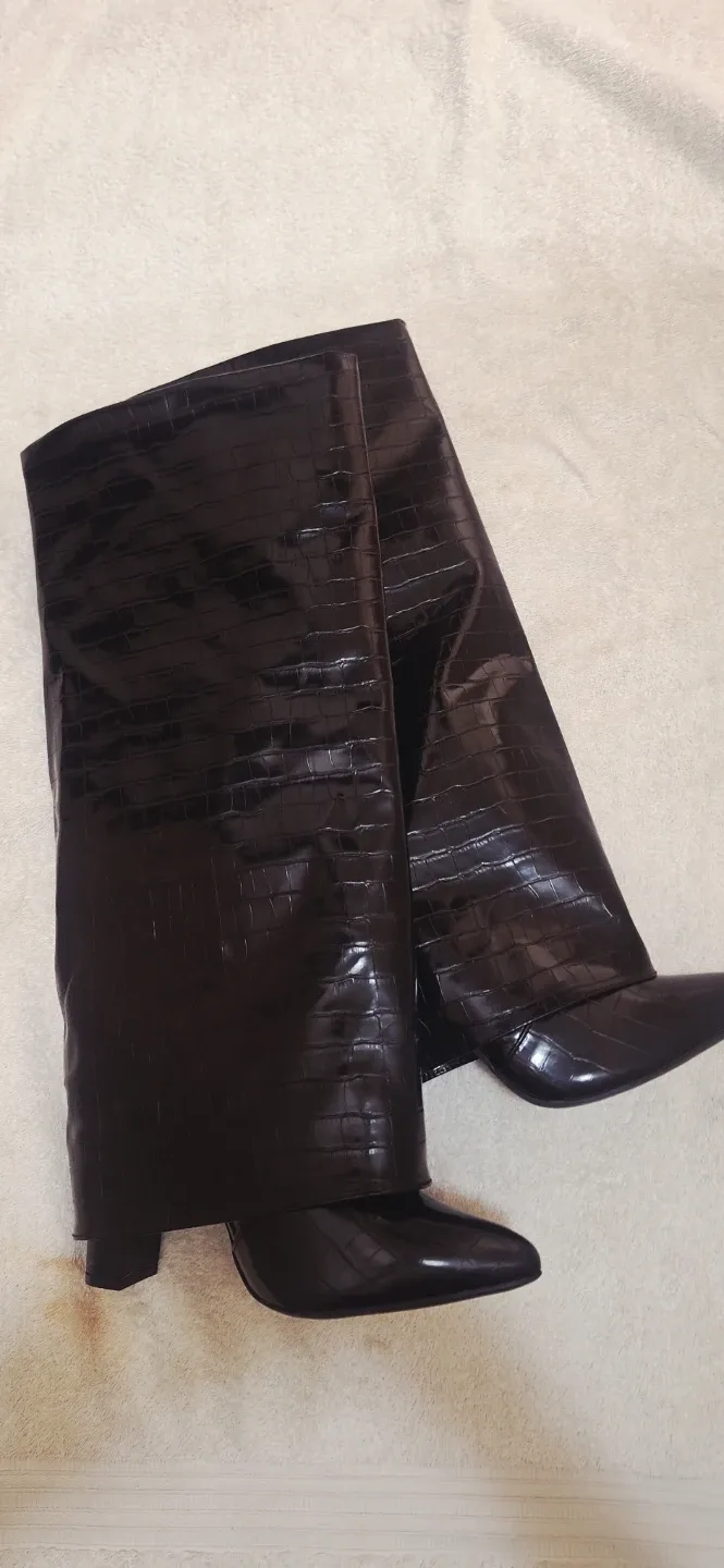 Zara Black Croc-Effect Knee High Boots