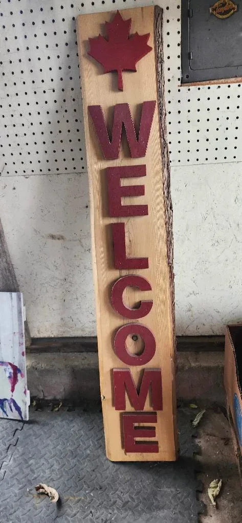 Handmade Wooden Welcome Sign with Maple Leaf