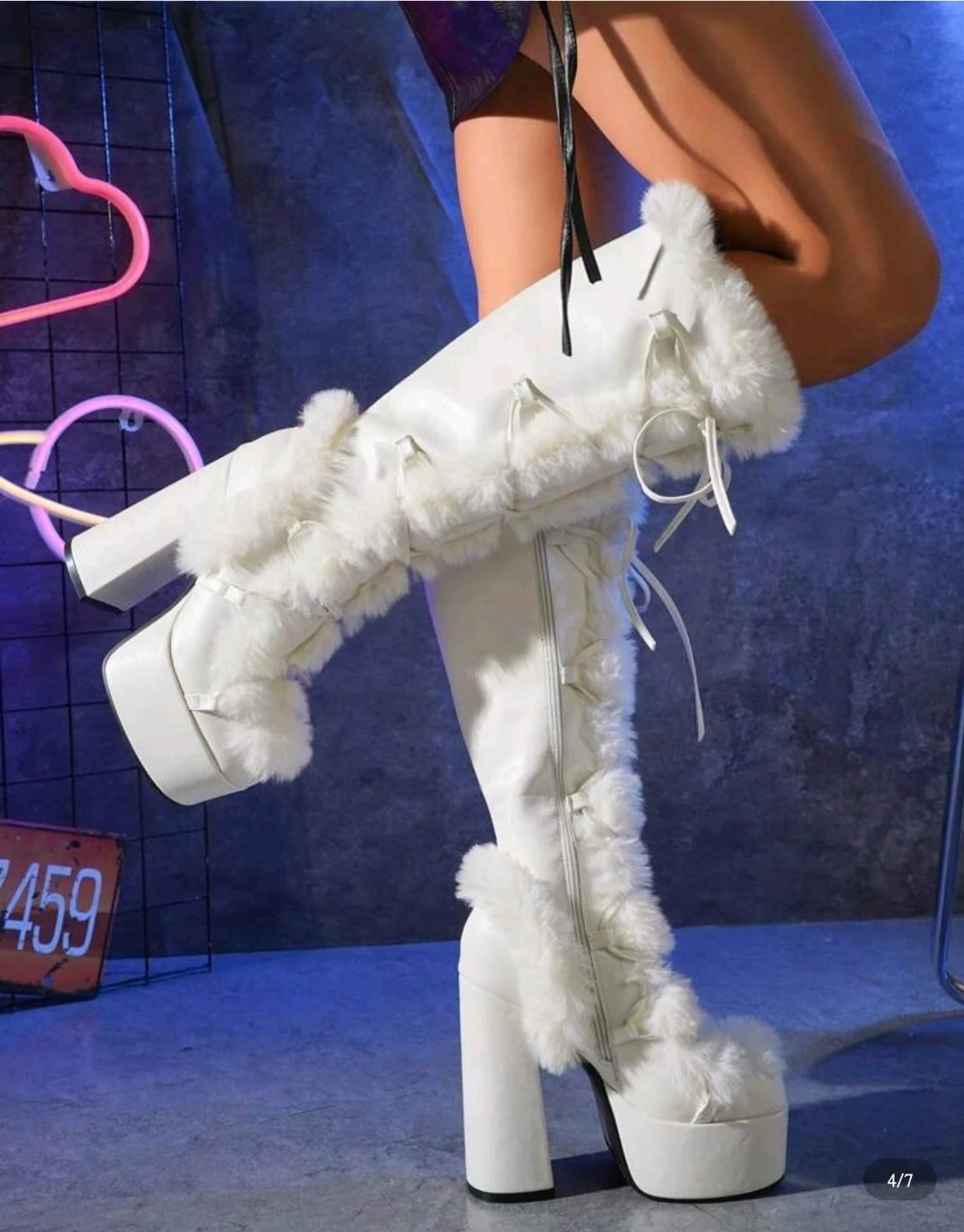White Platform Boots with Faux Fur Trim