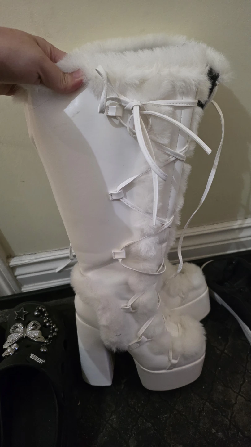 White Platform Boots with Faux Fur Trim - photo 2