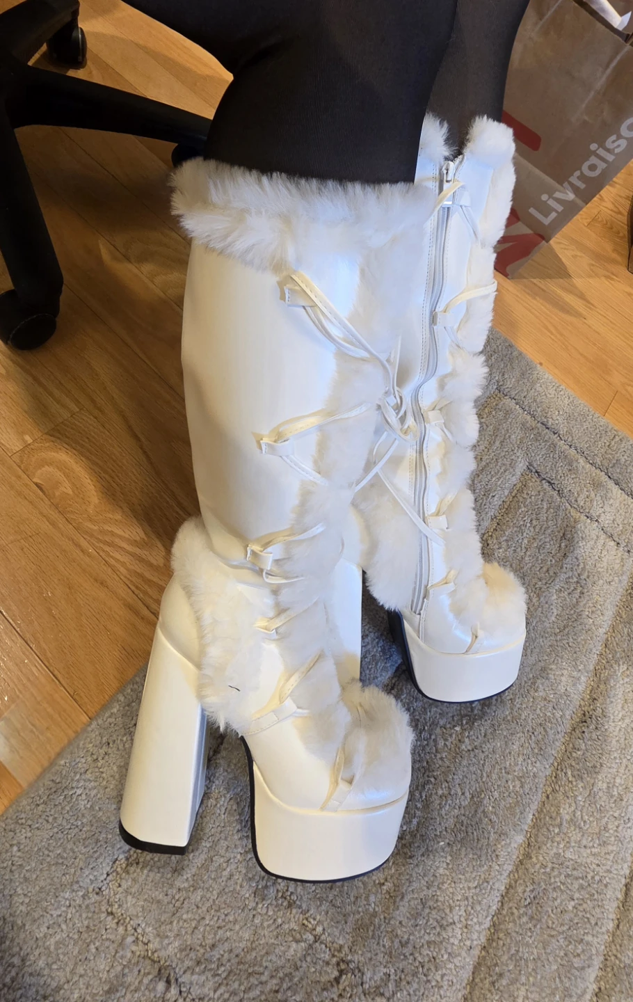 White Platform Boots with Faux Fur Trim - photo 3