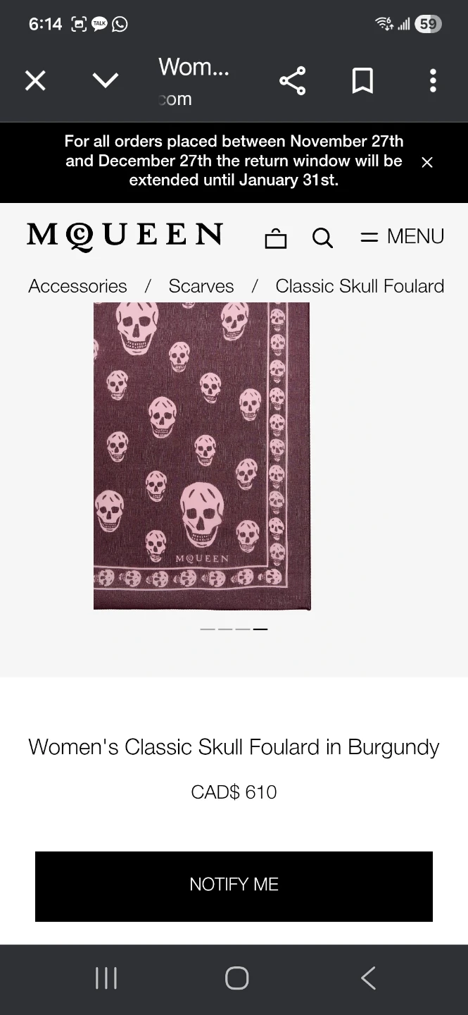 Alexander McQueen Women's Classic Skull Foulard - Burgundy - photo 2