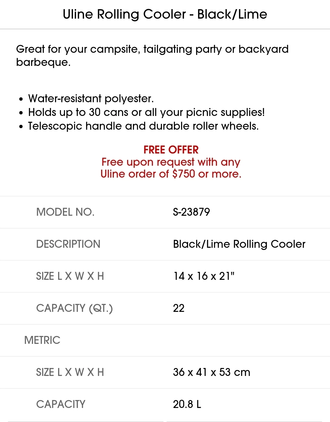 Uline Rolling Cooler - Black/Lime NEW - photo 4
