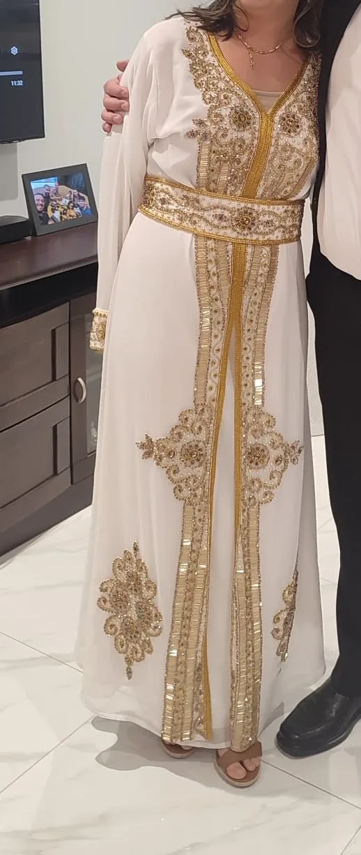 White & Gold Embellished Kaftan Dress
