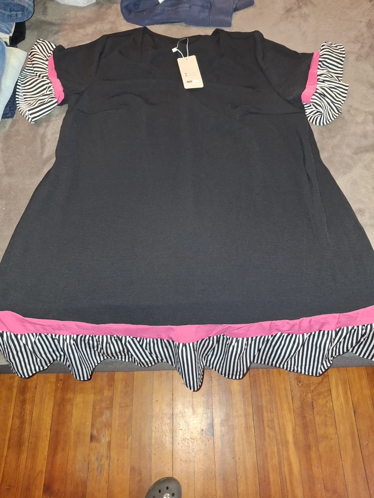 Black Dress with Striped & Pink Trim