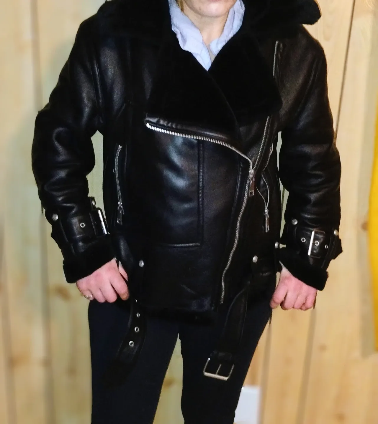 Rebecca Minkoff Black Faux Leather Aviator Jacket image indicator(7)