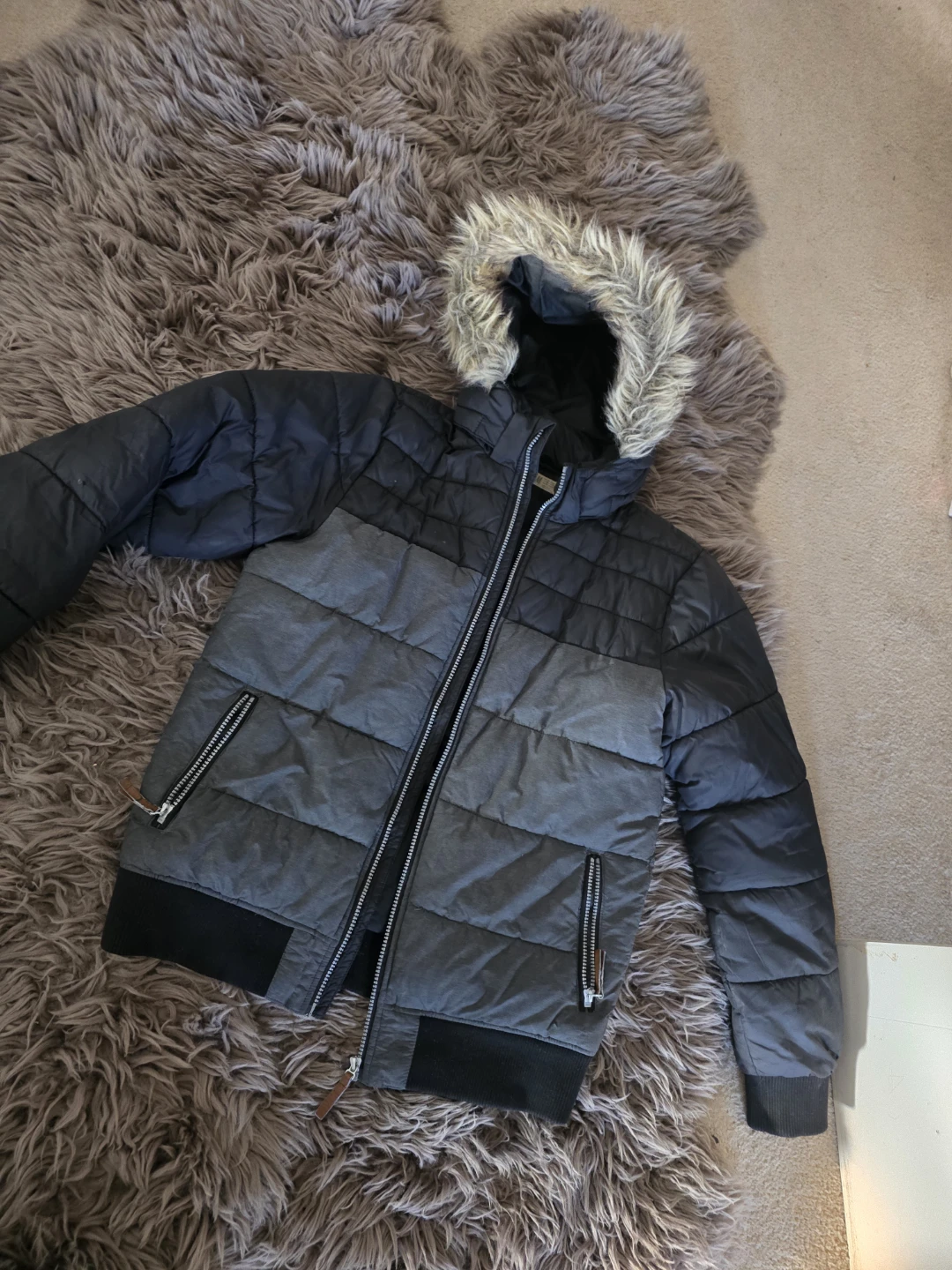 Puffer Jacket with Fur Hood - Grey