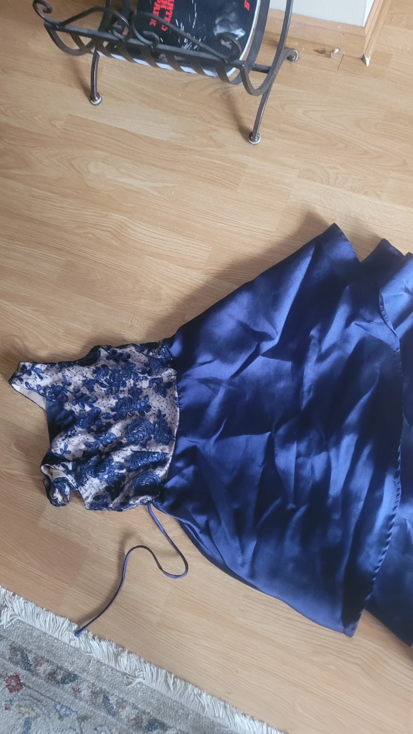 Blue Satin Dress with Lace Detail