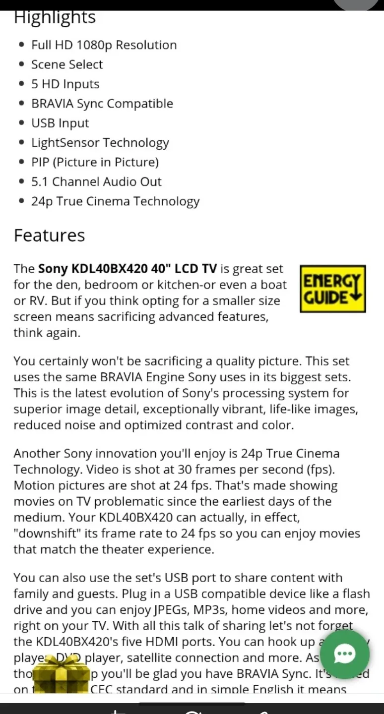 40" Sony Bravia -KDL40BX420 40" LCD TV -# cleanout image indicator(2)