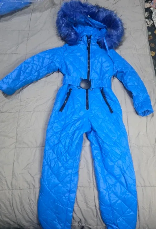 Blue Quilted Snowsuit with Fur Hood