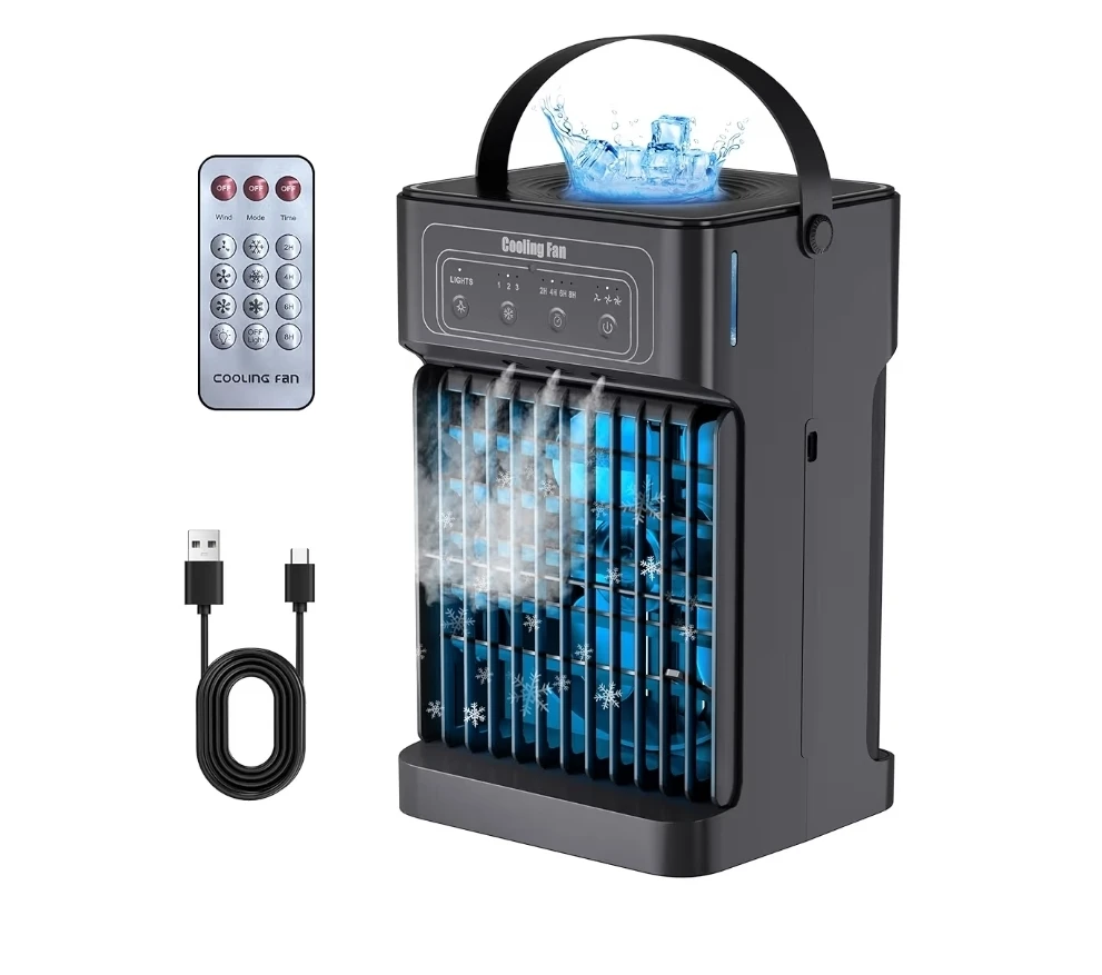 Portable Mini Air Cooler Fan w/ Cool Mist, Timer & LED Light